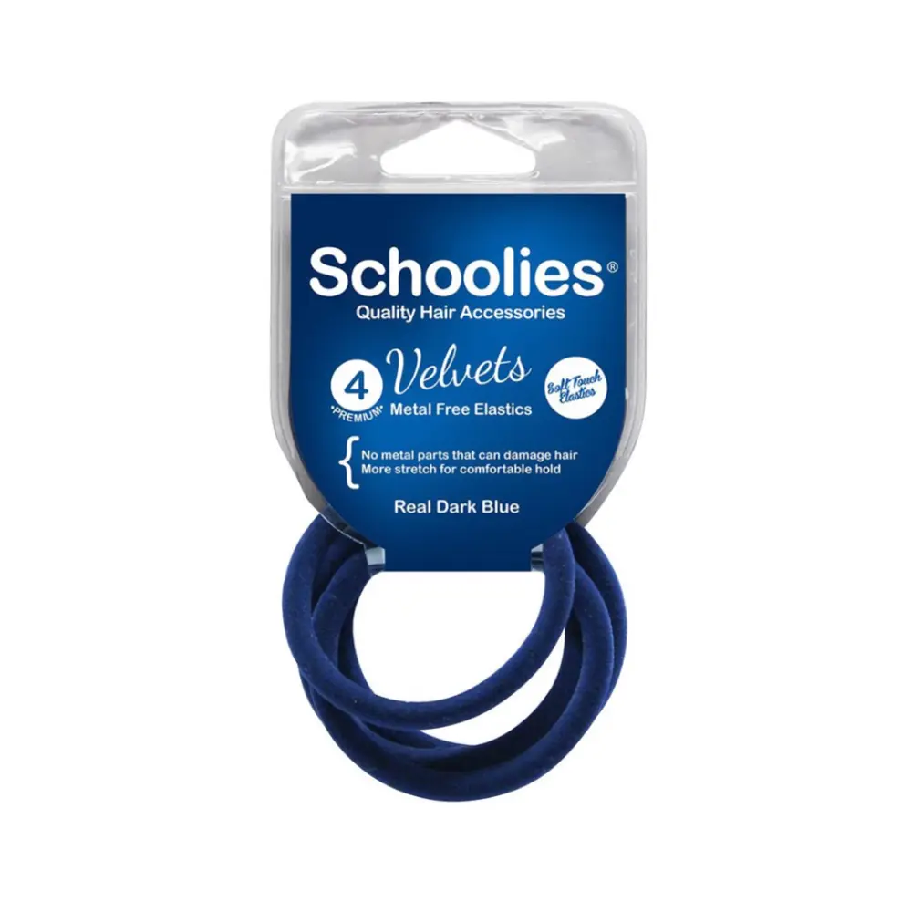 Dây Cột Tóc Nhung Màu Xanh Dương Đậm, Velvets Metal Free Elastics, Real Dark Blue, 4 Cái - SCHOOLIES