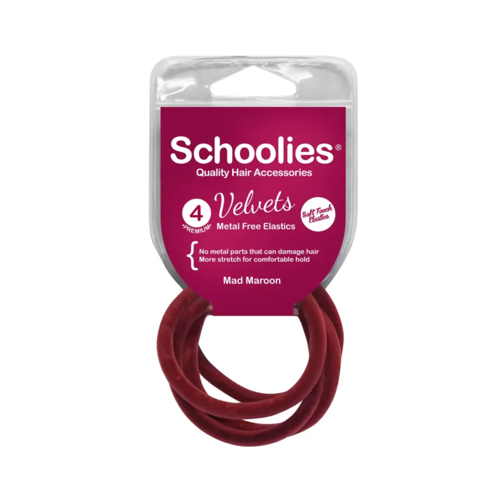 Dây Cột Tóc Nhung Màu Đỏ Đô, Velvets Metal Free Elastics, Mad Maroon, 4 Cái - SCHOOLIES
