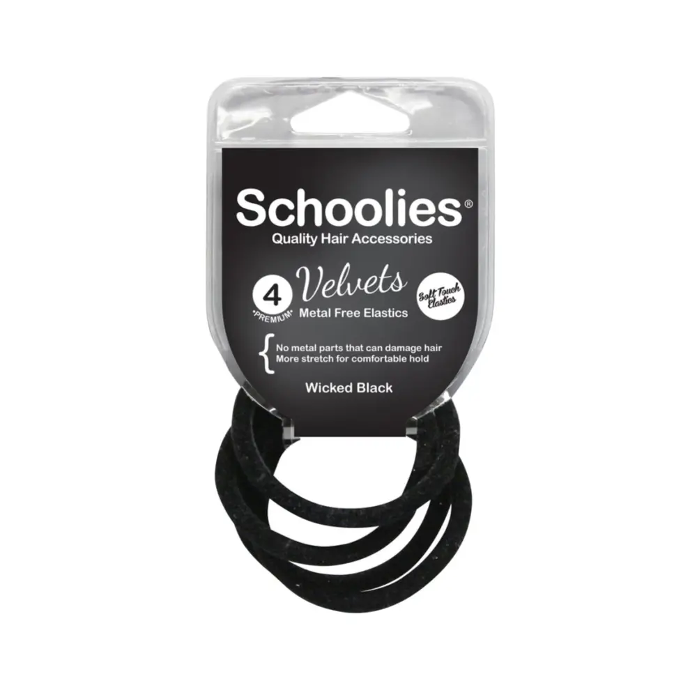 Dây Cột Tóc Nhung Màu Đen, Velvets Metal Free Elastics, Wicked Black, 4 Cái - SCHOOLIES