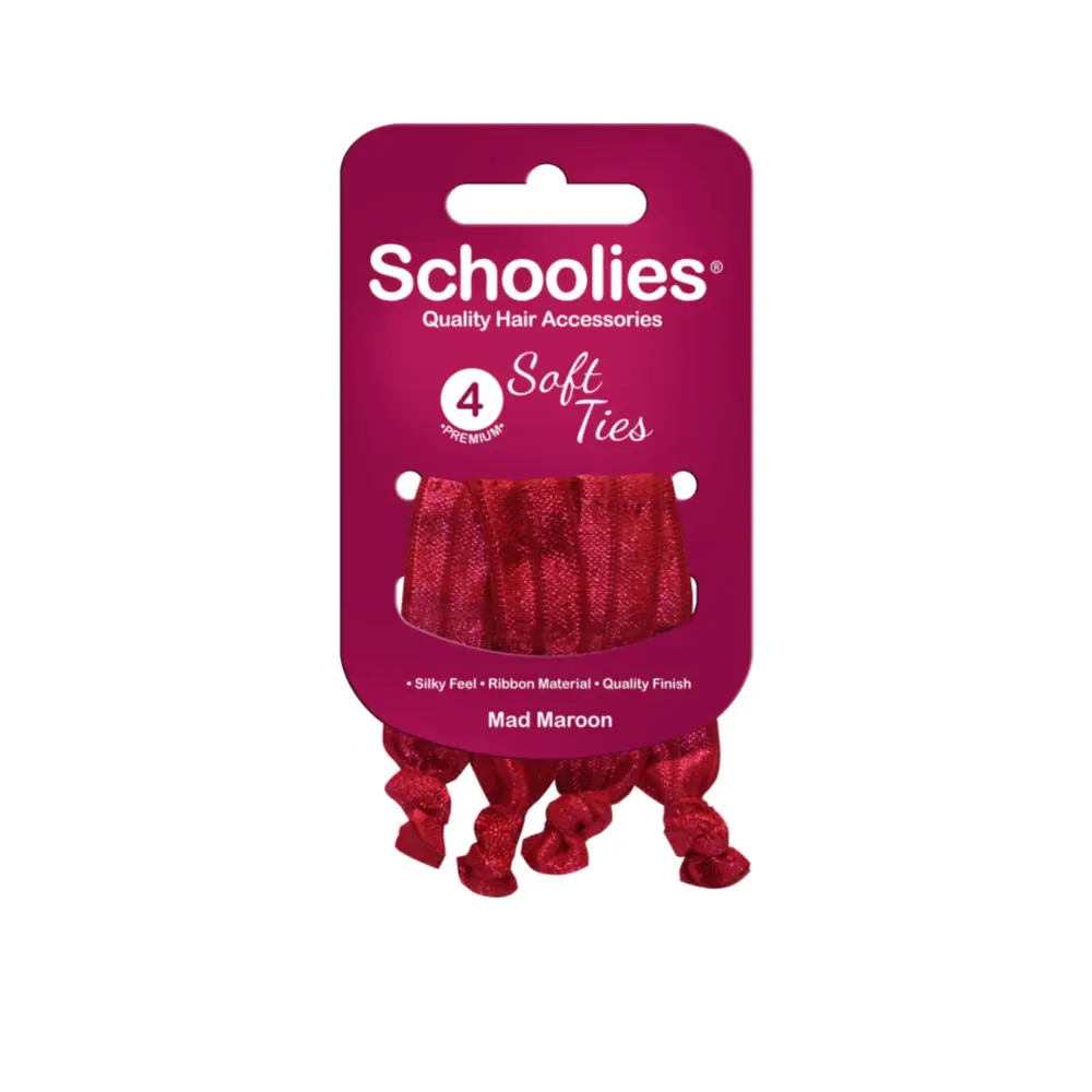 Dây Cột Tóc Nơ Xoắn Màu Đỏ Đô, Soft Ties, Mad Maroon, 4 Cái - SCHOOLIES