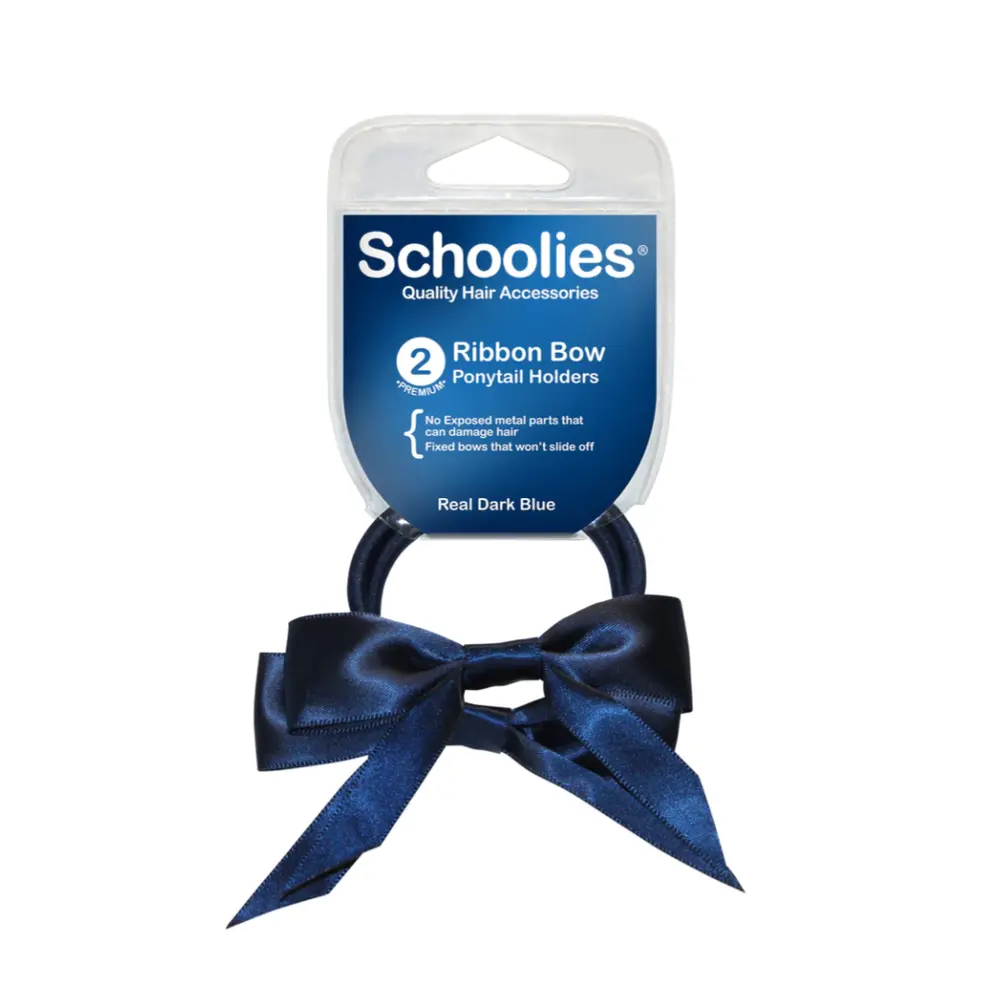 Dây Cột Tóc Ruy Băng Màu Xanh Dương Đậm, Ribbon Bow Ponytail Holders, Real Dark Blue, 2 Cái - SCHOOLIES