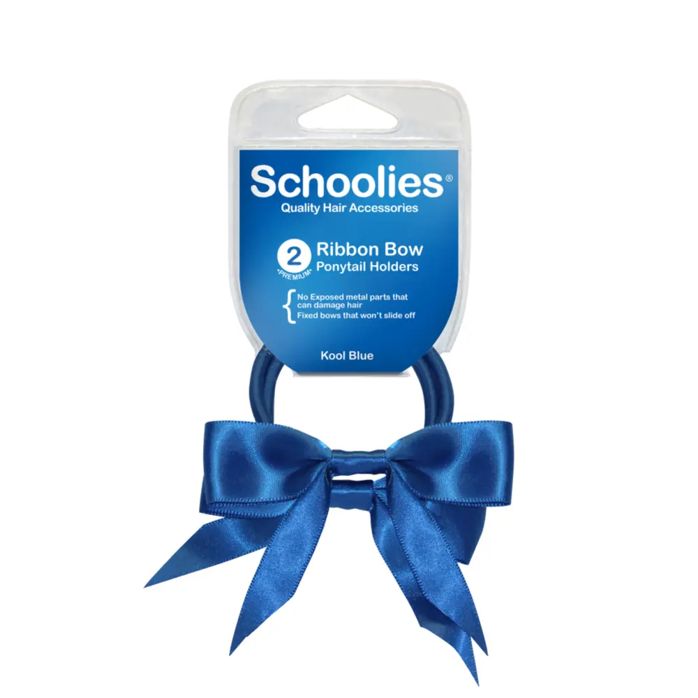Dây Cột Tóc Ruy Băng Màu Xanh Dương, Ribbon Bow Ponytail Holders, Kool Blue, 2 Cái - SCHOOLIES