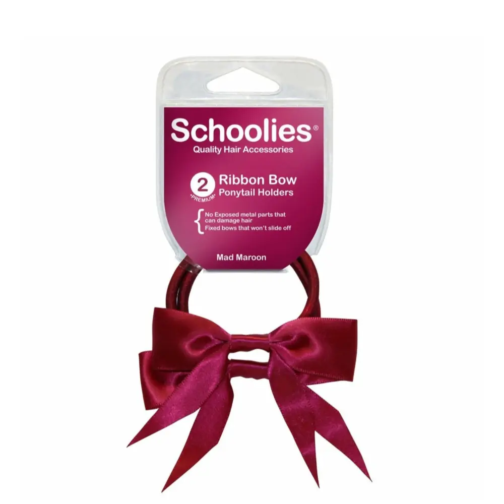 Dây Cột Tóc Ruy Băng Màu Đỏ Đô, Ribbon Bow Ponytail Holders, Mad Maroon, 2 Cái - SCHOOLIES