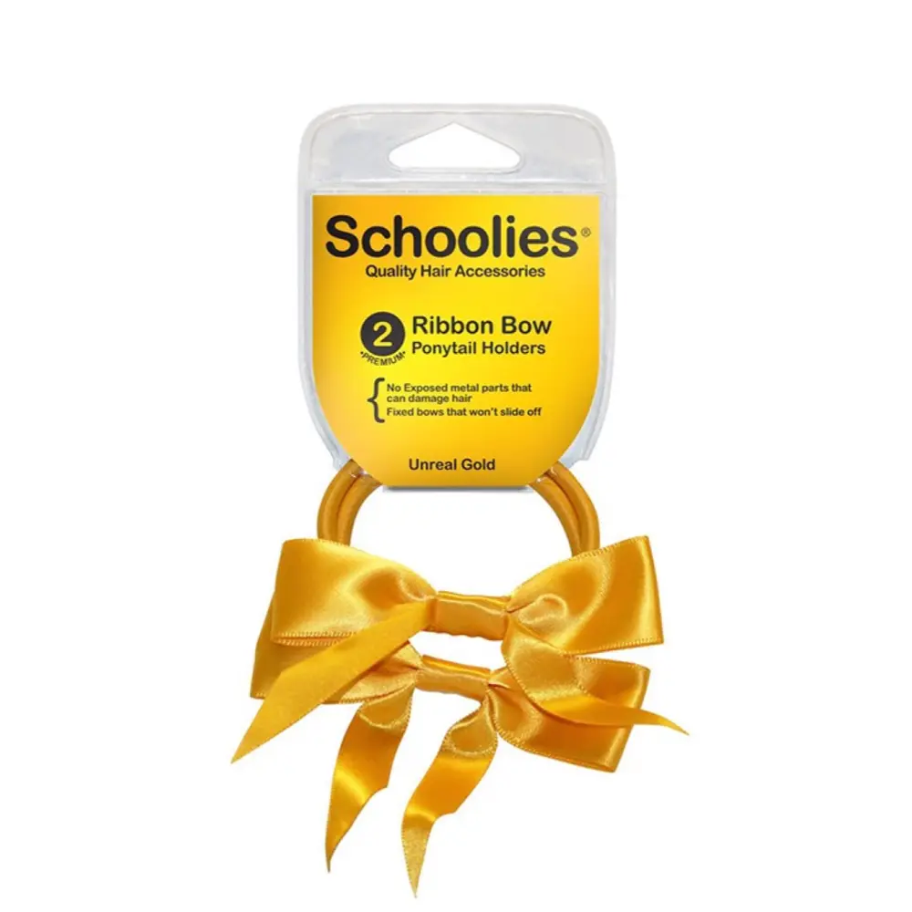 Dây Cột Tóc Ruy Băng Màu Vàng, Ribbon Bow Ponytail Holders, Unreal Gold, 2 Cái - SCHOOLIES