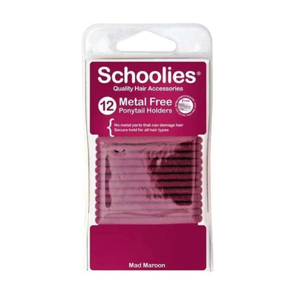 Dây Cột Tóc Đuôi Ngựa Màu Đỏ Đô, Metal Free Ponytail Holders, Mad Maroon, 12 Cái - SCHOOLIES