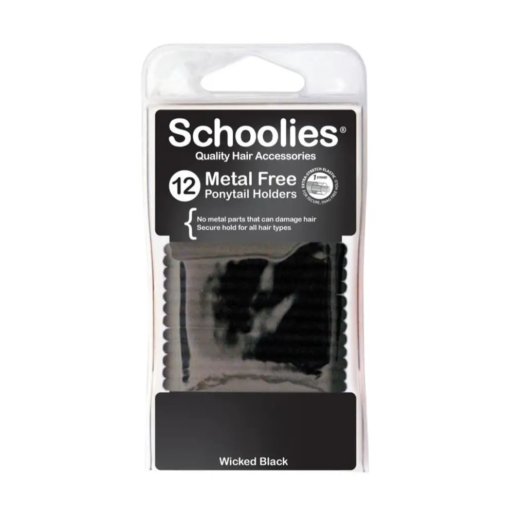 Dây Cột Tóc Đuôi Ngựa Màu Đen, Metal Free Ponytail Holders, Wicked Black, 12 Cái - SCHOOLIES
