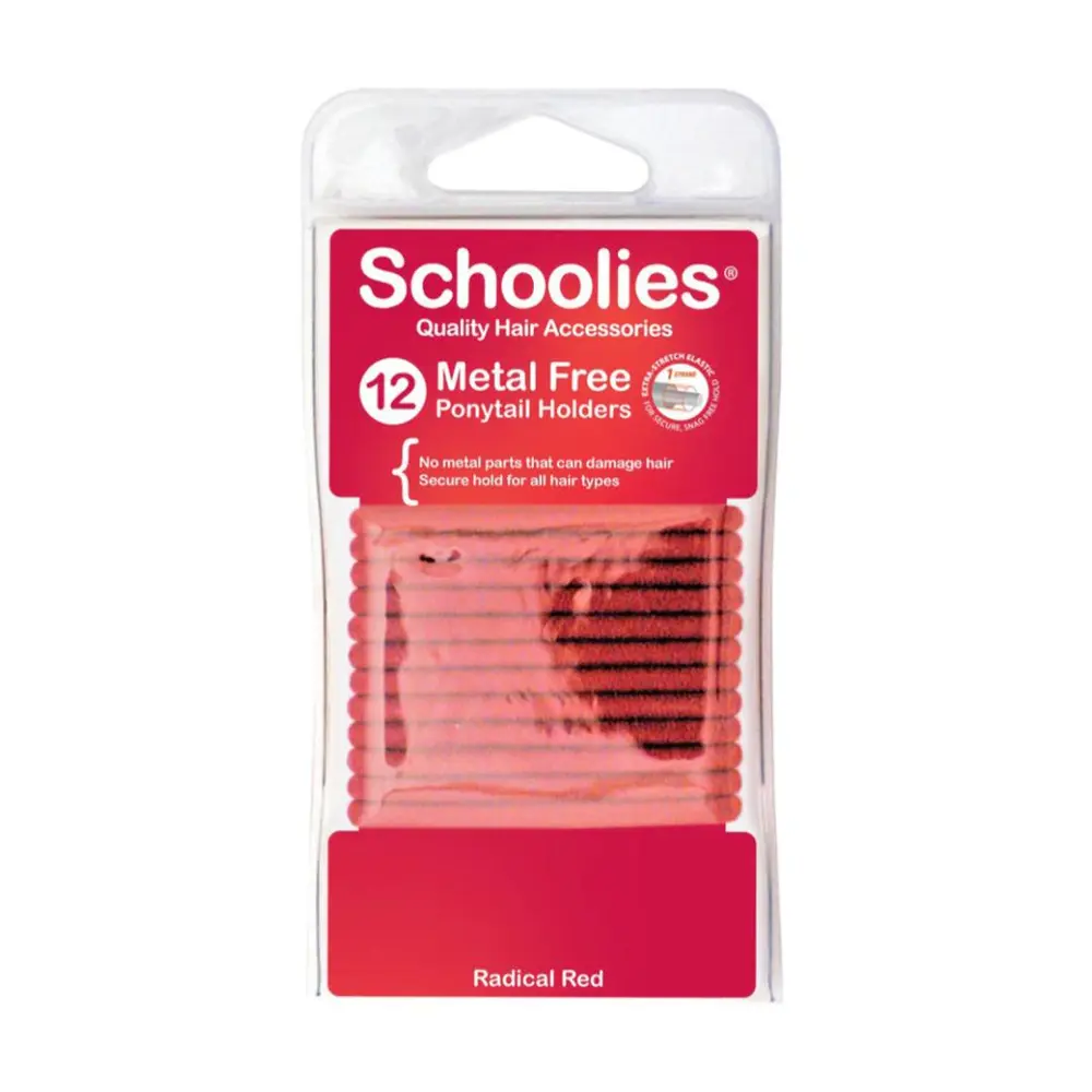 Dây Cột Tóc Đuôi Ngựa Màu Đỏ, Metal Free Ponytail Holders, Radical Red, 12 Cái - SCHOOLIES