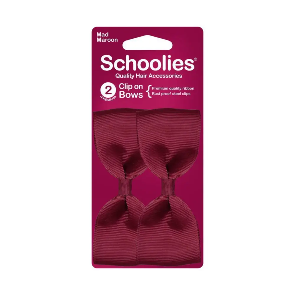 Kẹp Nơ Màu Đỏ Đô, Clip On Bows, Mad Maroon, 2 Cái - SCHOOLIES
