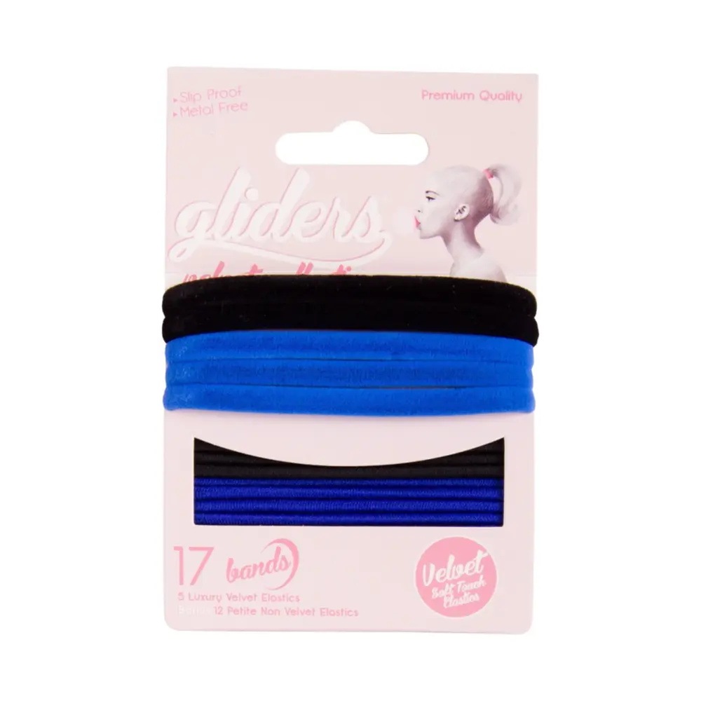 Dây Cột Tóc Nhung Màu Đen & Xanh, Velvet Soft Touch Elastics, Black & Blue, 17 Cái - GLIDERS