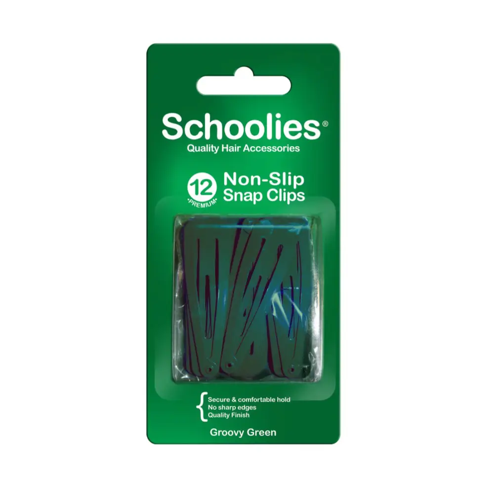 Kẹp Bấm Cài Tóc Màu Xanh Lá, Non-Slip Snap Clips, Groovy Green, 12 Cái - SCHOOLIES