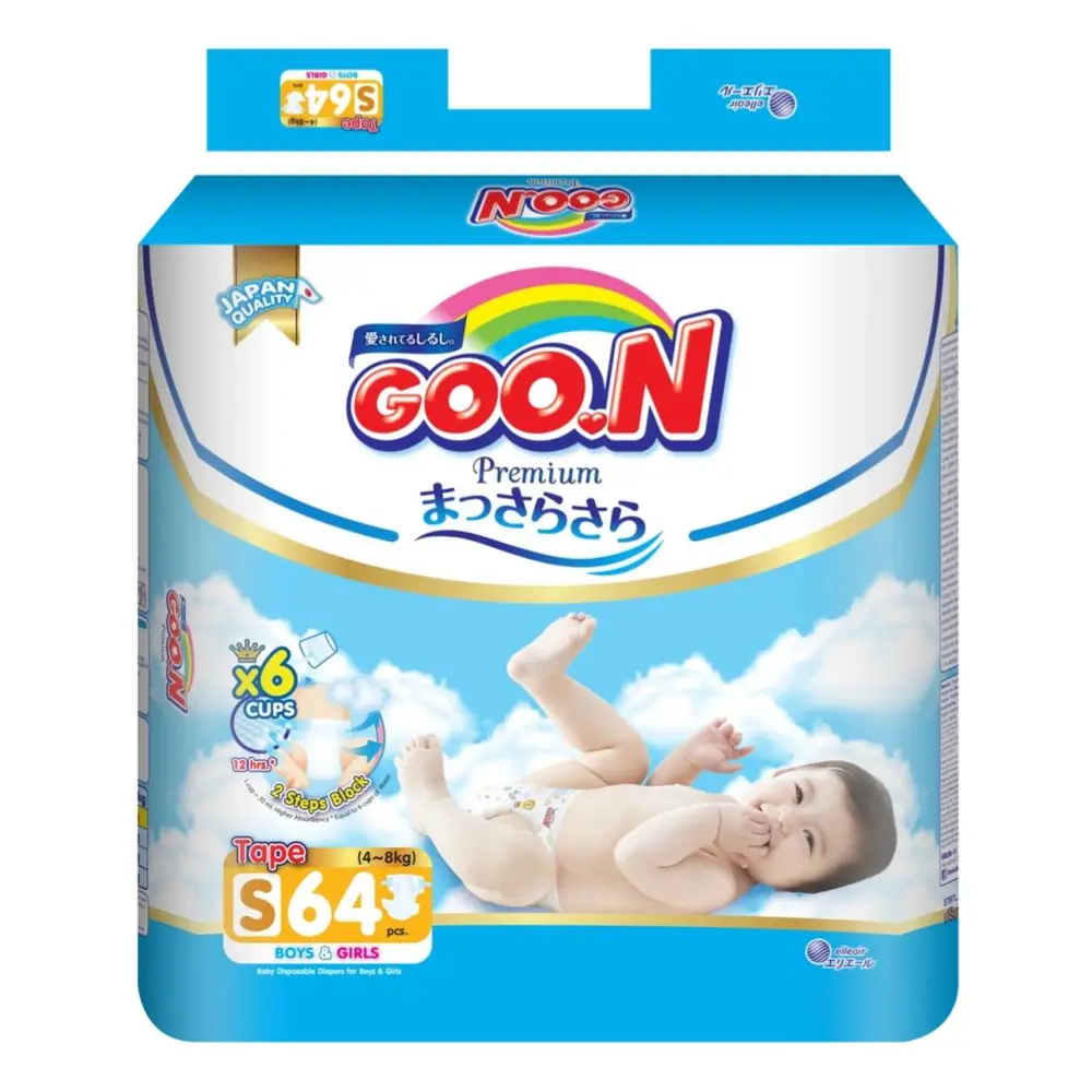 Tã Dán Cho Bé, Premium Tape Diapers, S, 4 - 8kg, 64 Miếng - GOO.N