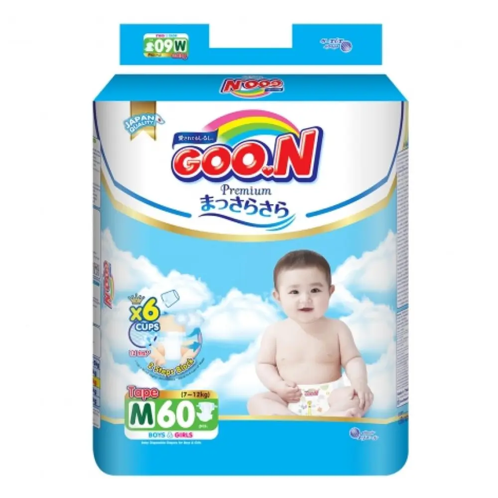Tã Dán Cho Bé, Premium Tape Diapers, M, 7 - 12kg, 60 Miếng - GOO.N