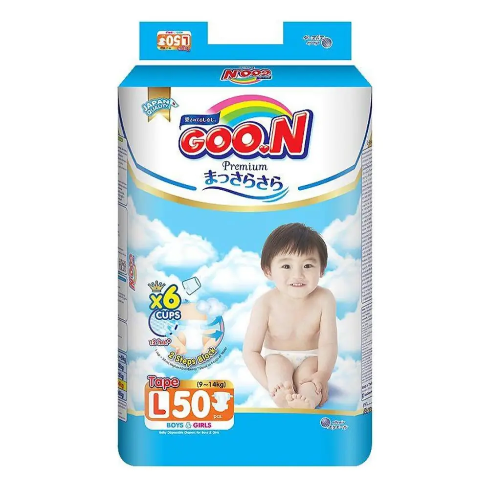 Tã Dán Cho Bé, Premium Tape Diapers, L, 9 - 14kg, 50 Miếng - GOO.N