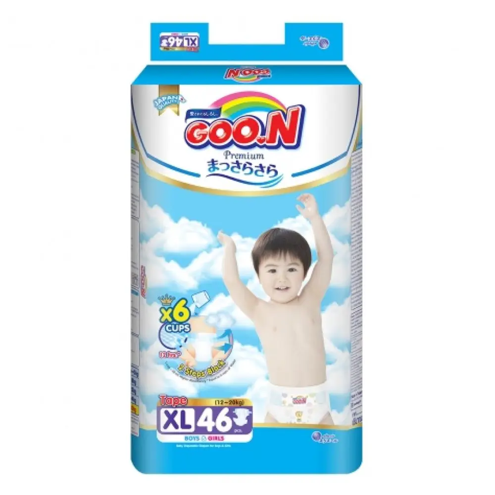 Tã Dán Cho Bé, Premium Tape Diapers, XL, 12 - 20kg, 46 Miếng - GOO.N