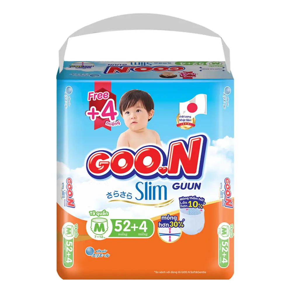 Tã Quần Cho Bé, Slim Guun Pant Diapers, M, 7 - 12kg, 52 + 4 Miếng - GOO.N