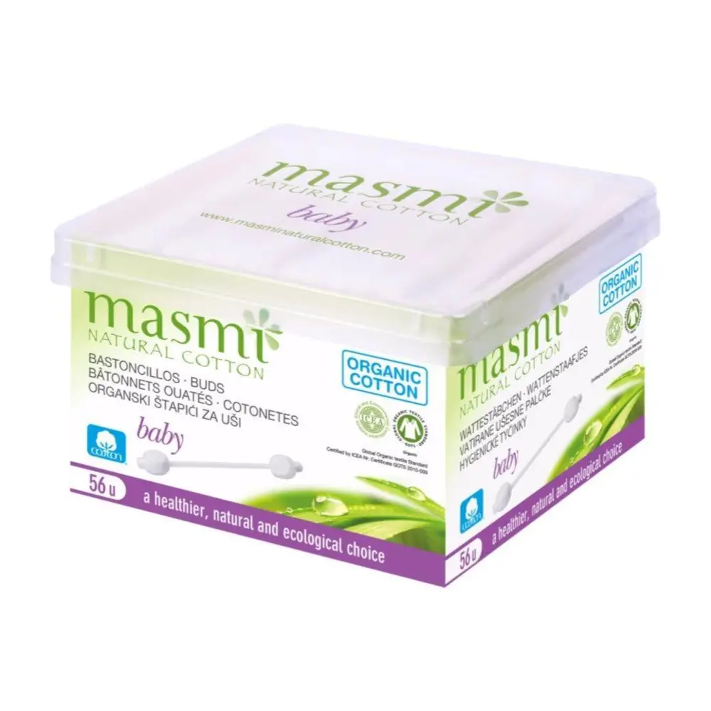 Bông Ngoáy Tai Cho Bé Hữu Cơ, Organic Cotton Baby Safety Buds, 56 Cây - MASMI