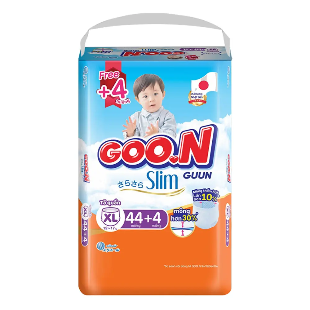 Tã Quần Cho Bé, Slim Guun Pant Diapers, XL, 12- 17kg, 44 + 4 Miếng - GOO.N