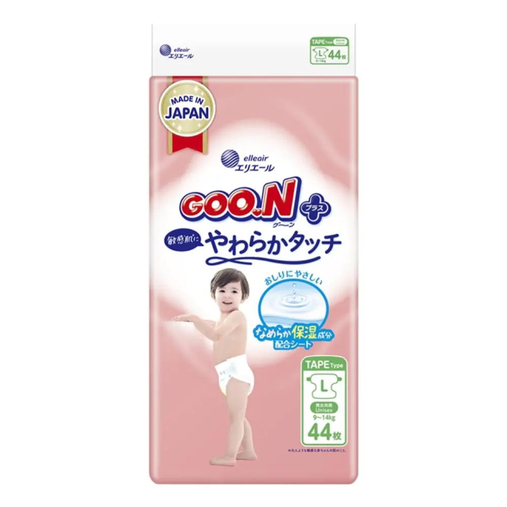 Tã Dán Cao Cấp Cho Bé, Plus, Tape Diapers, Size L, 9 - 14kg, 44 Miếng - GOO.N