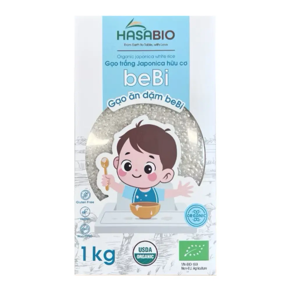 Gạo Trắng Japonica Hữu Cơ, Gạo Ăn Dặm BeBi, Organic Japonica White Rice (1kg) - HASABIO