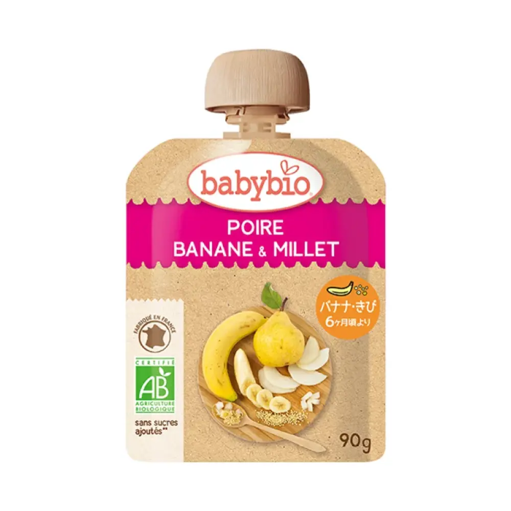Trái Cây Nghiền Hữu Cơ Cho Bé, Lê, Chuối & Hạt Kê, Pear, Banana & Millet Puree, 6+ Tháng (90g) - BABYBIO