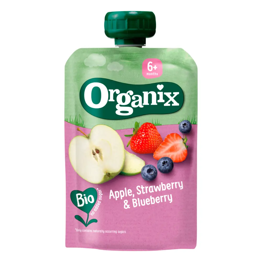Trái Cây Nghiền Hữu Cơ Vị Táo, Dâu & Việt Quất, Bio Apple, Strawberry & Blueberry, 6+ Tháng (100g) - ORGANIX