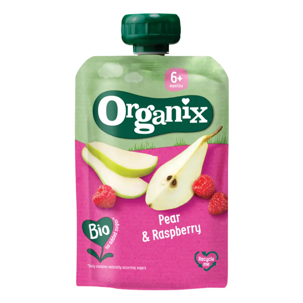Trái Cây Nghiền Hữu Cơ Vị Lê & Phúc Bồn Tử, Bio Pear & Raspberry, 6+ Tháng (100g) - ORGANIX