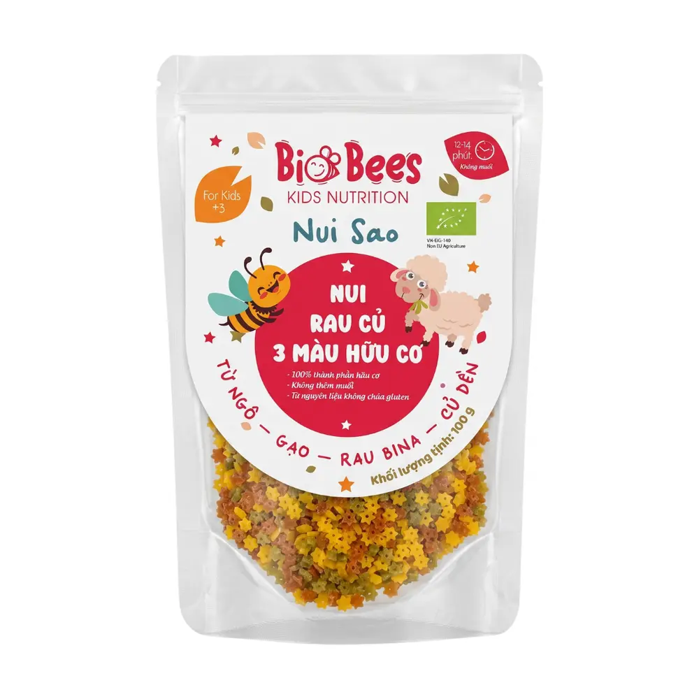 Nui Rau Củ 3 Màu Hữu Cơ Hình Sao, Organic Tri-colour Vegetable Pasta, Stelline, 3+ Tuổi (100g) - BIO BEES