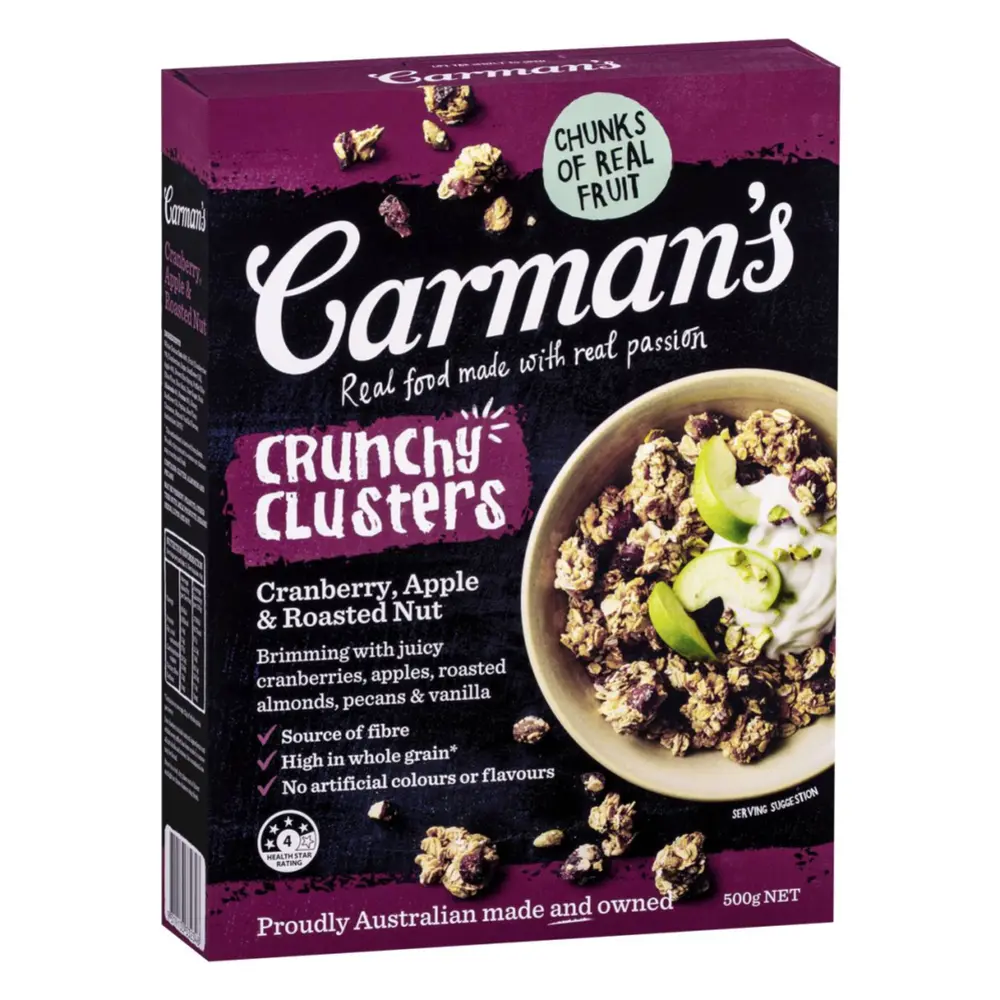 Ngũ Cốc Sấy Giòn Nam Việt Quất, Táo & Hạt, Crunchy Oat Clusters, Cranberry, Apple & Roasted Nut (500g) - CARMAN'S