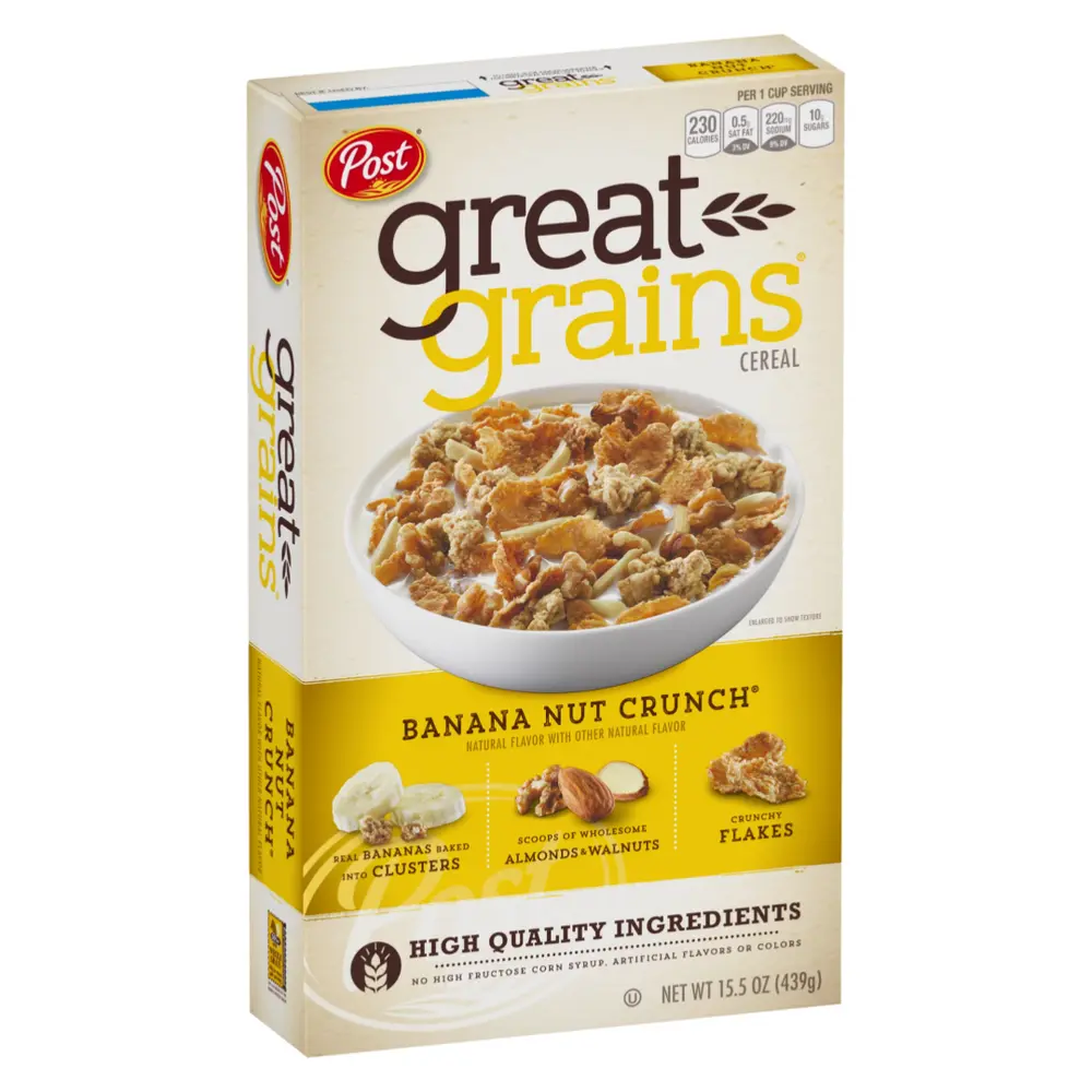 Ngũ Cốc Giòn Chuối, Hạt Óc Chó & Hạnh Nhân, Great Grains Cereal, Banana Nut Crunch, 15.5 oz (439g) - POST