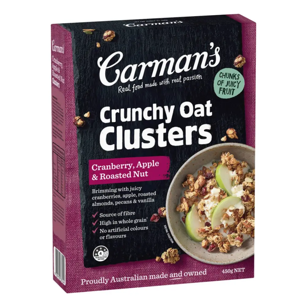 Ngũ Cốc Sấy Giòn Nam Việt Quất, Táo & Hạt Rang, Crunchy Oat Clusters, Cranberry, Apple & Roasted Nut (450g) - CARMAN'S