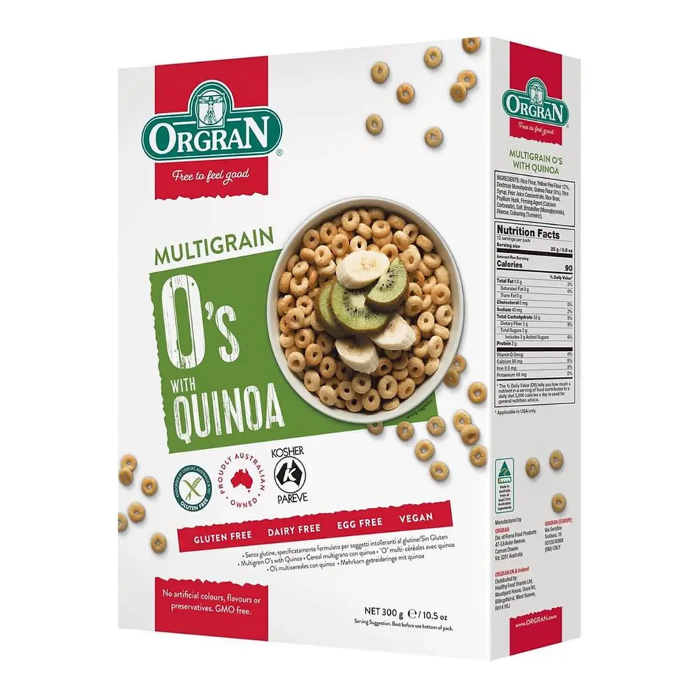 Ngũ Cốc Đa Hạt & Diêm Mạch Hình Vòng, Multigrain O`s with Quinoa, Gluten Free, 10.5 oz (300g) - ORGRAN