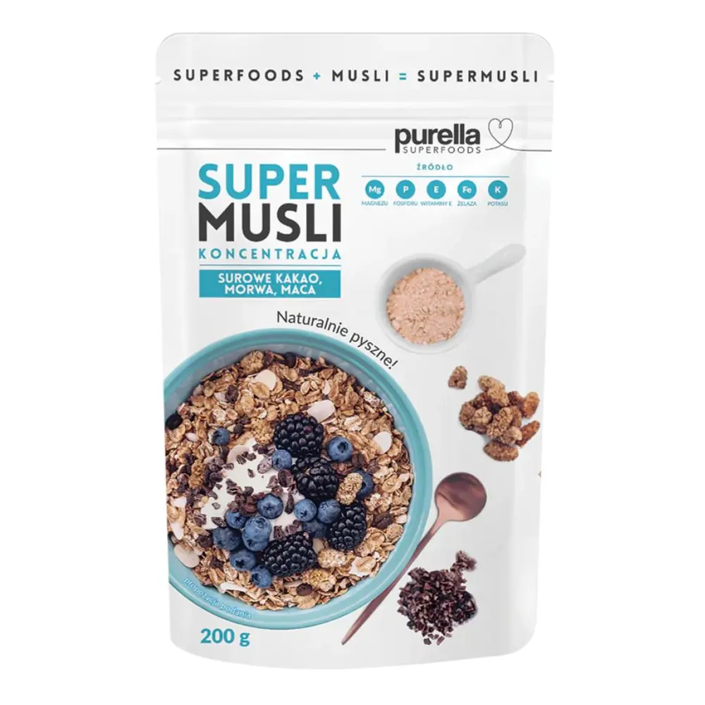Ngũ Cốc Trái Cây Tăng Sự Tập Trung, Super Musli Concentration, Raw Cocoa, Mulberry, Maca (200g) - PURELLA
