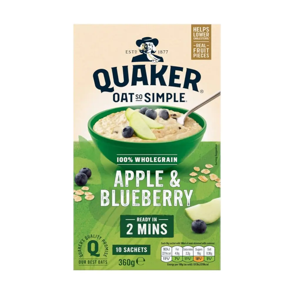 Yến Mạch Nguyên Cám Vị Táo & Việt Quất, Oat So Simple, 100% Wholegrain with Apple & Blueberry, 10 Gói (360g) - QUAKER