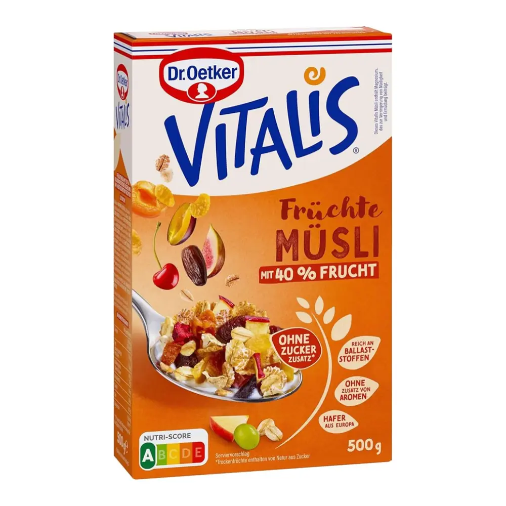 Ngũ Cốc Hạt & Trái Cây Hỗn Hợp, Vitalis, Fruchte Musli mit 40% Frucht (500g) - DR. OETKER