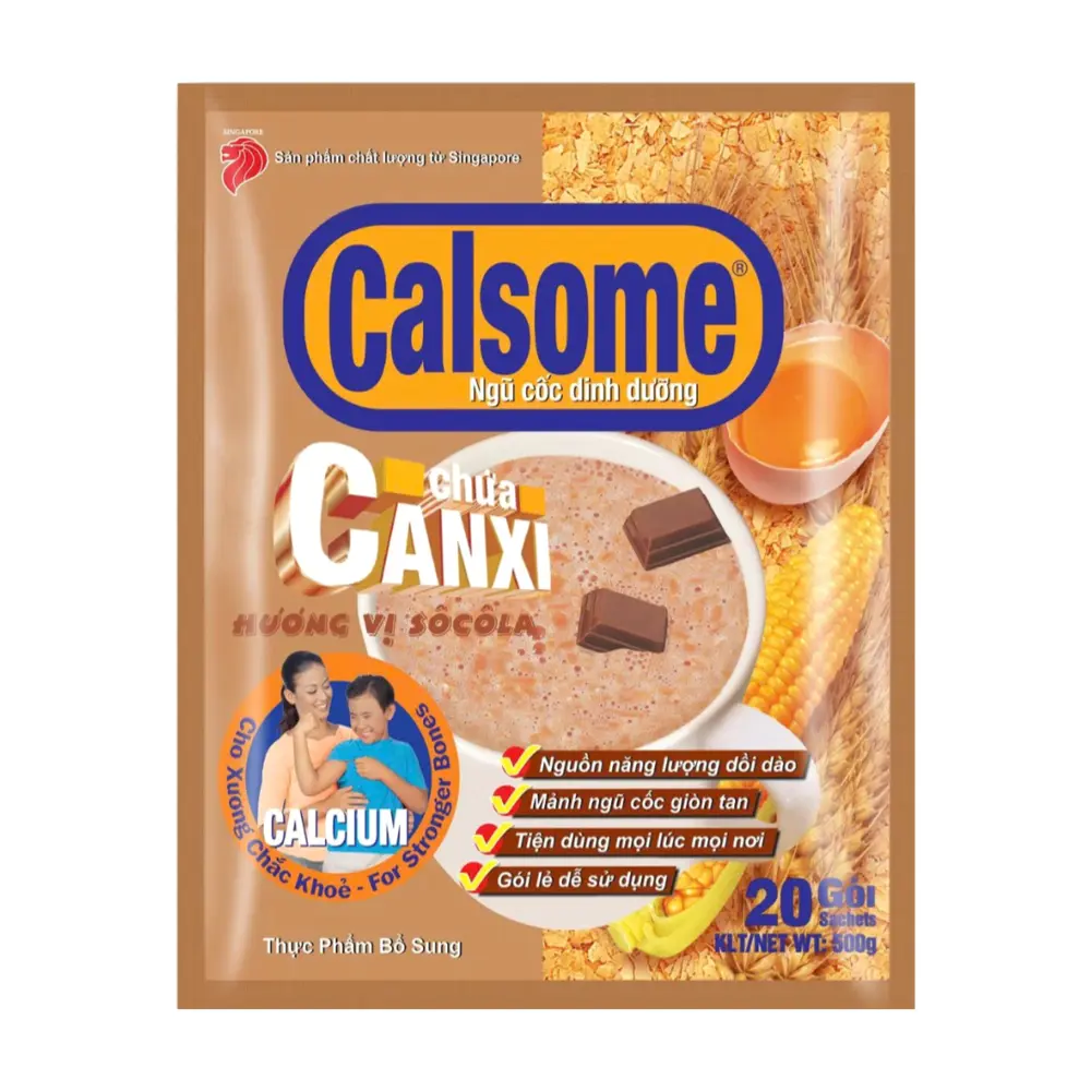 Ngũ Cốc Dinh Dưỡng Chứa Canxi Vị Socola, Nutritious Cereal Drink with Calcium, Chocolate, 20 Gói (500g) - CALSOME