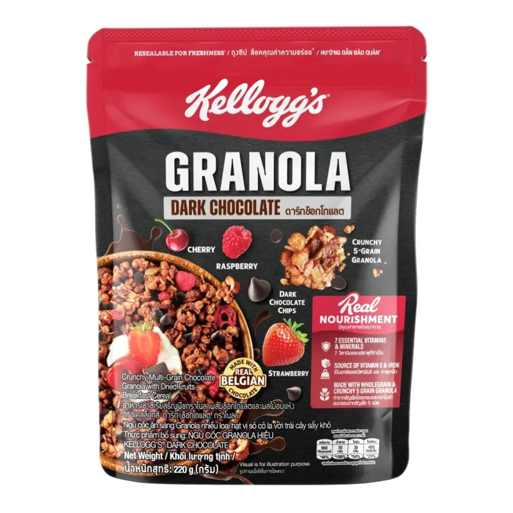 Ngũ Cốc Hạt Vị Socola Đắng & Trái Cây Khô, Granola Dark Chocolate, Crunchy Multi-Grain Chocolate Granola with Dried Fruits (220g) - KELLOGG'S
