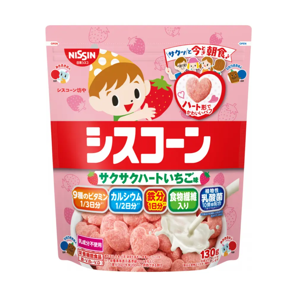 Ngũ Cốc Giòn Vị Dâu Hình Trái Tim, Ciscorn, Crispy Heart Corn Puffs, Strawberry Flavor (130g) - NISSIN