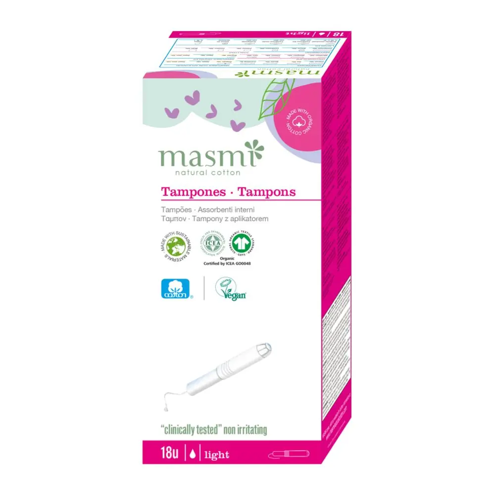 Tampon Có Cần Đẩy Hữu Cơ, 1 Giọt, Organic Cotton Tampons with Applicaror, Light, 18 Cái - MASMI