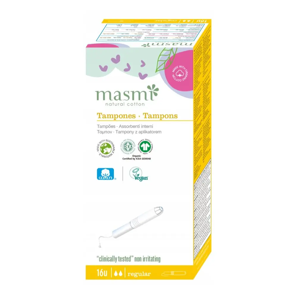 Tampon Hữu Cơ Có Cần Đẩy, 2 Giọt, Organic Cotton Tampons with Applicator, Regular, 16 Cái - MASMI