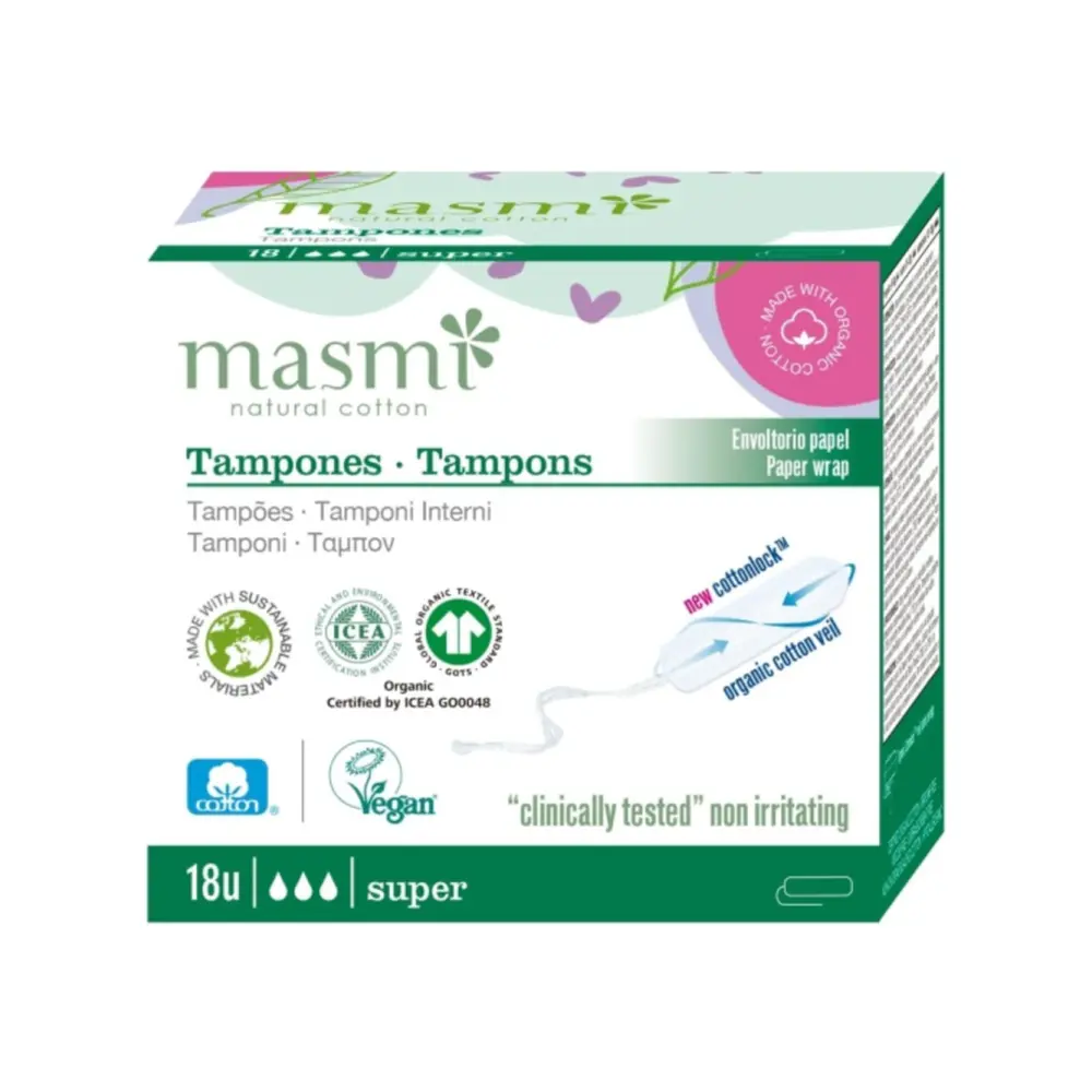 Tampon Hữu Cơ Không Cần Đẩy, 3 Giọt, Organic Cotton Tampons, Super, 18 Cái - MASMI