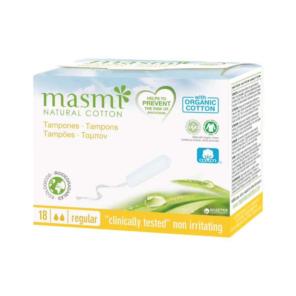 Tampon Hữu Cơ Không Cần Đẩy, 2 Giọt, Organic Cotton Tampons, Regular, 18 Cái - MASMI