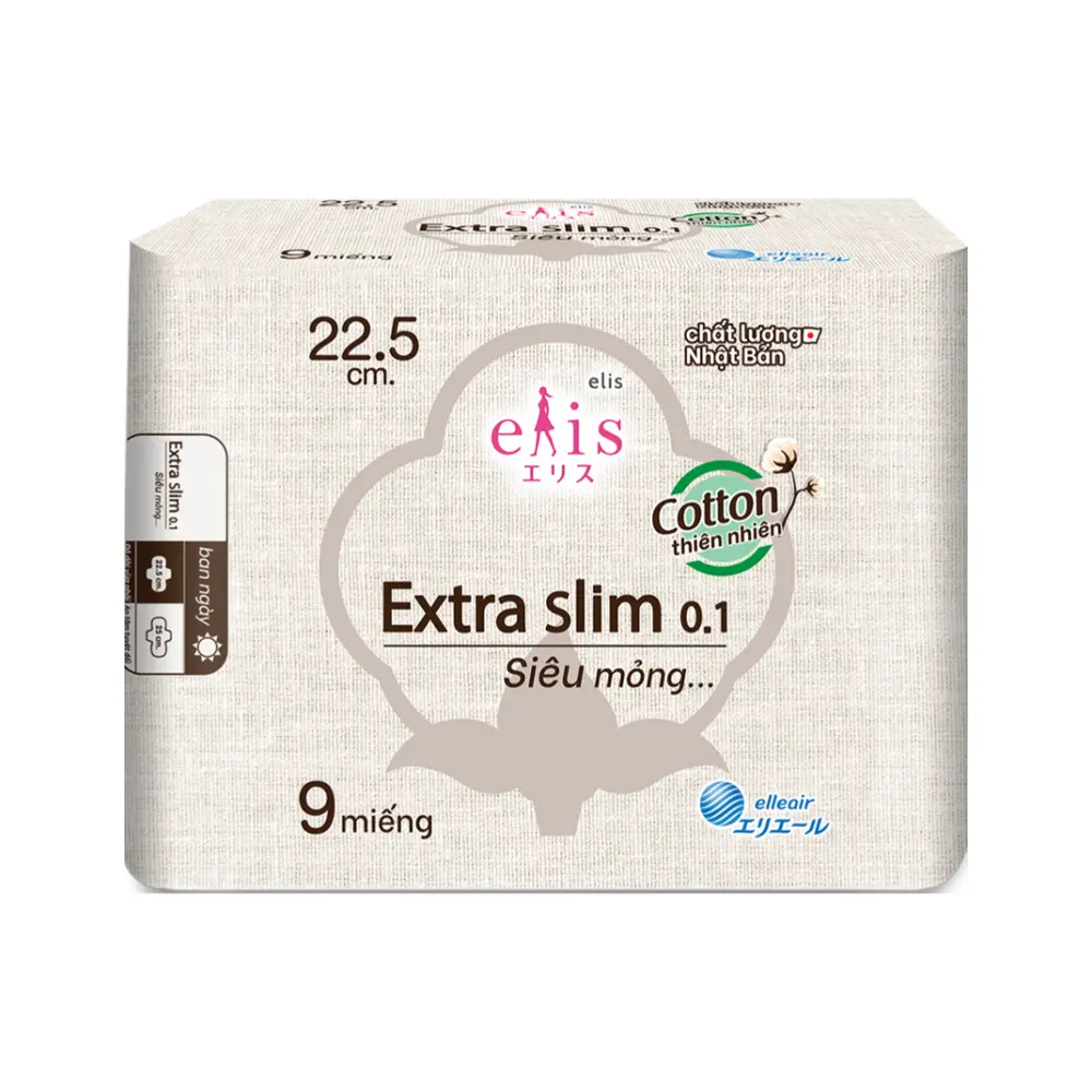 Băng Vệ Sinh, Extra Slim 0.1, Cotton Plus Sanitary Pads, 9 Miếng (22.5cm) - ELIS