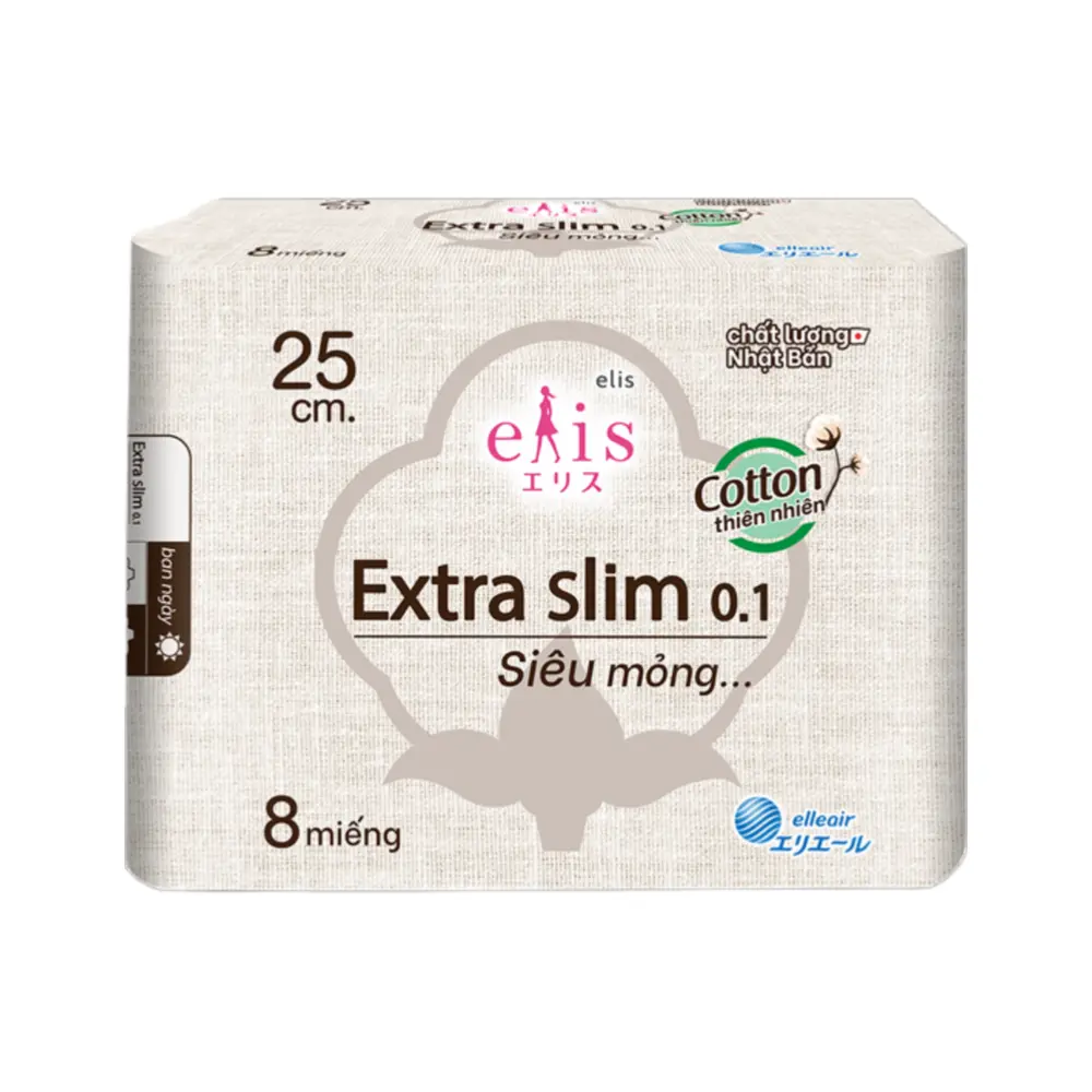 Băng Vệ Sinh, Extra Slim 0.1, Cotton Plus Sanitary Pads, 8 Miếng (25cm) - ELIS