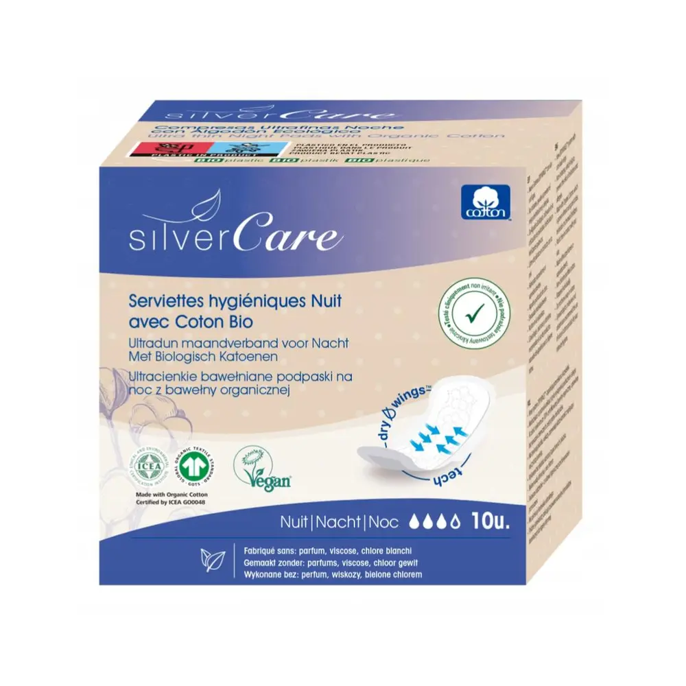 Băng Vệ Sinh Hữu Cơ Siêu Mỏng Có Cánh Ban Đêm, Organic Cotton Ultrathin Nighttime Sanitary Pad, 10 Miếng - SILVERCARE