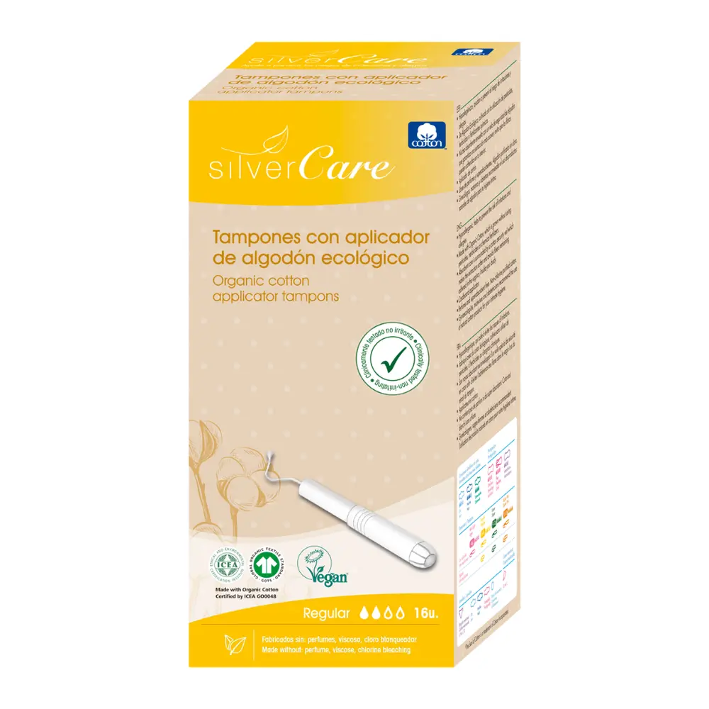 Tampon Hữu Cơ 2 Giọt Có Cần Đẩy, Organic Cotton Tampons with Applicator, Regular, 16 Cái - SILVERCARE