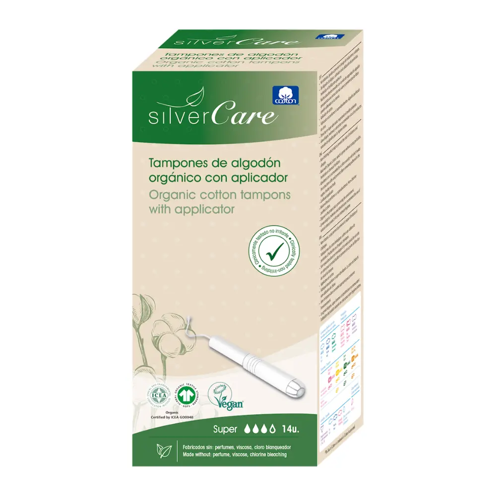 Tampon Hữu Cơ 3 Giọt Có Cần Đẩy, Organic Cotton Tampons with Applicator, Super, 14 Cái - SILVERCARE