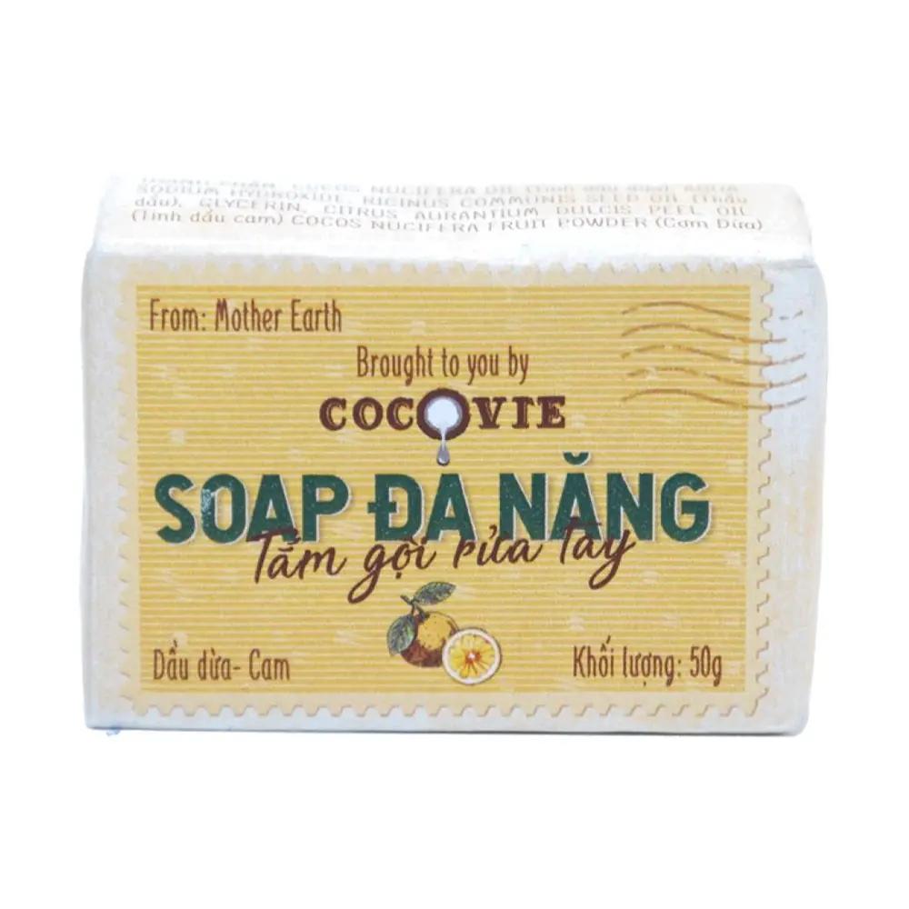 Xà Bông Đa Năng Dầu Dừa Cam, Multi-Purpose Soap, Coconut Oil & Orange (50g) - COCOVIE