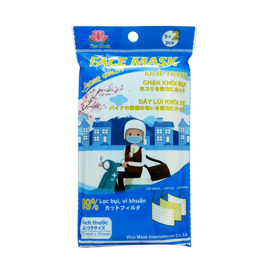 Khẩu Trang Chặn Khói Bụi 3 Lớp, Face Masks, Blue, 7 Cái (175 x 95mm) - VINA MASK