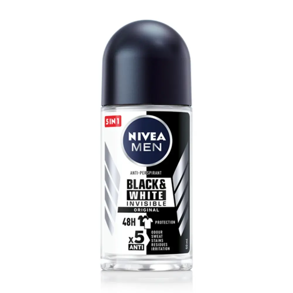Lăn Khử Mùi Nam, Men, Anti-Perspirant 5 in 1, Black & White Invisible, Original (50ml) - NIVEA