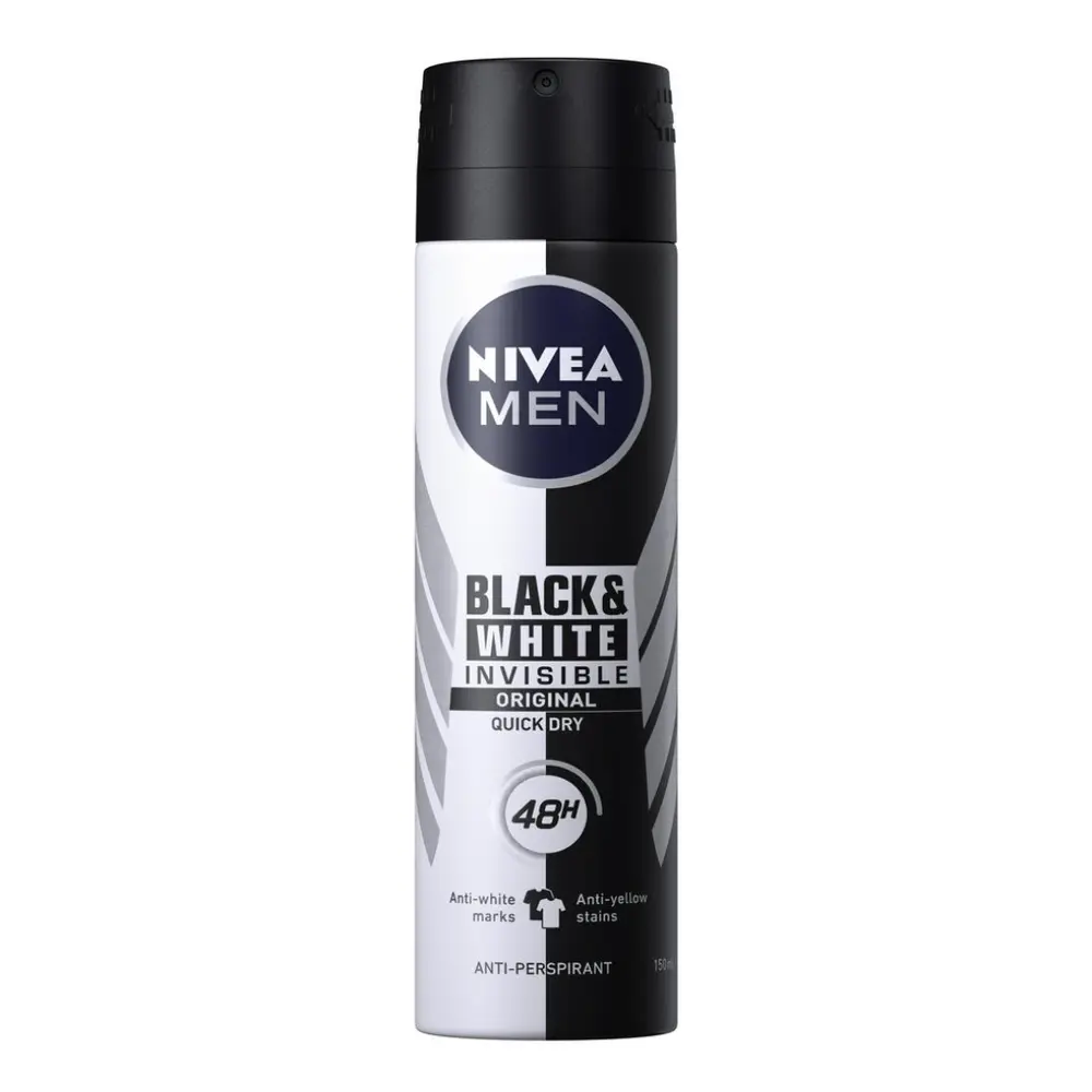 Xịt Khử Mùi Nam, Men, Anti-Perspirant 5 in 1 Spray, Black & White Invisible, Original (150ml) - NIVEA